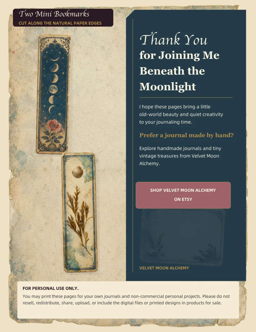 Two printable moon and botanical mini bookmarks